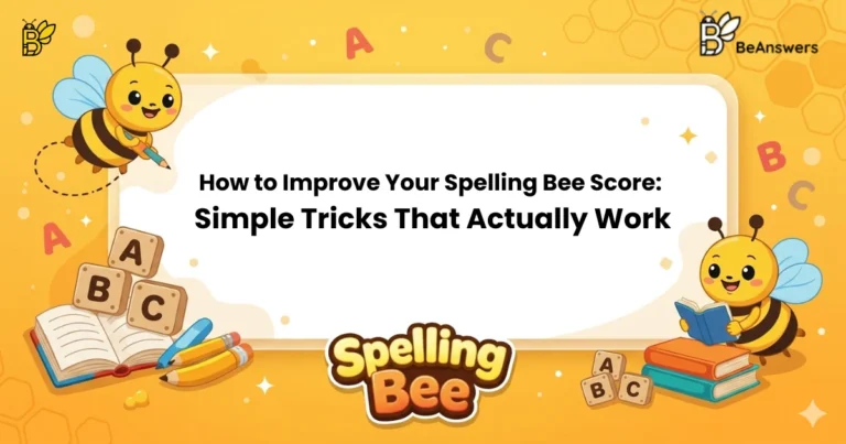 Illustration showing tips to improve Spelling Bee Score with bees, letters, and learning visuals