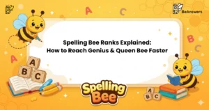 Illustration showing Spelling Bee Ranks with bees, letters, and a guide to reaching Genius and Queen Bee levels