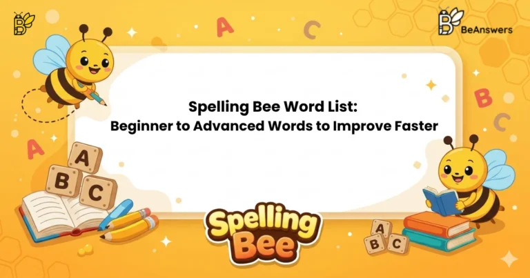 Illustration of Spelling Bee Word List showing beginner to advanced words with letters, books, and puzzle learning concept