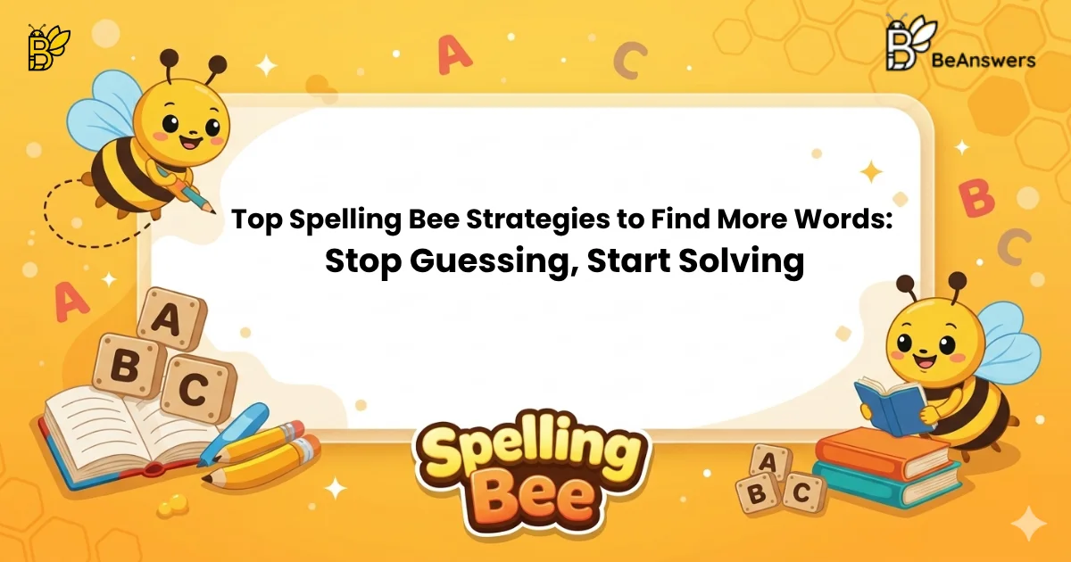 Illustration showing Spelling Bee Strategies to find more words using letters, patterns, and puzzle-solving techniques
