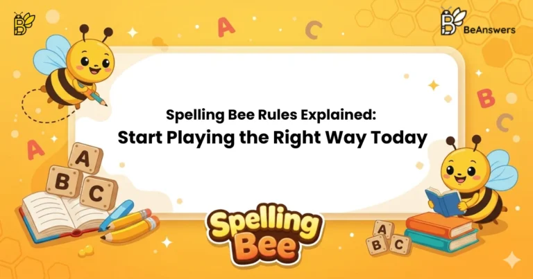 Spelling Bee Rules explained with playful illustration showing letters, books, and bees guiding how to play the puzzle correctly